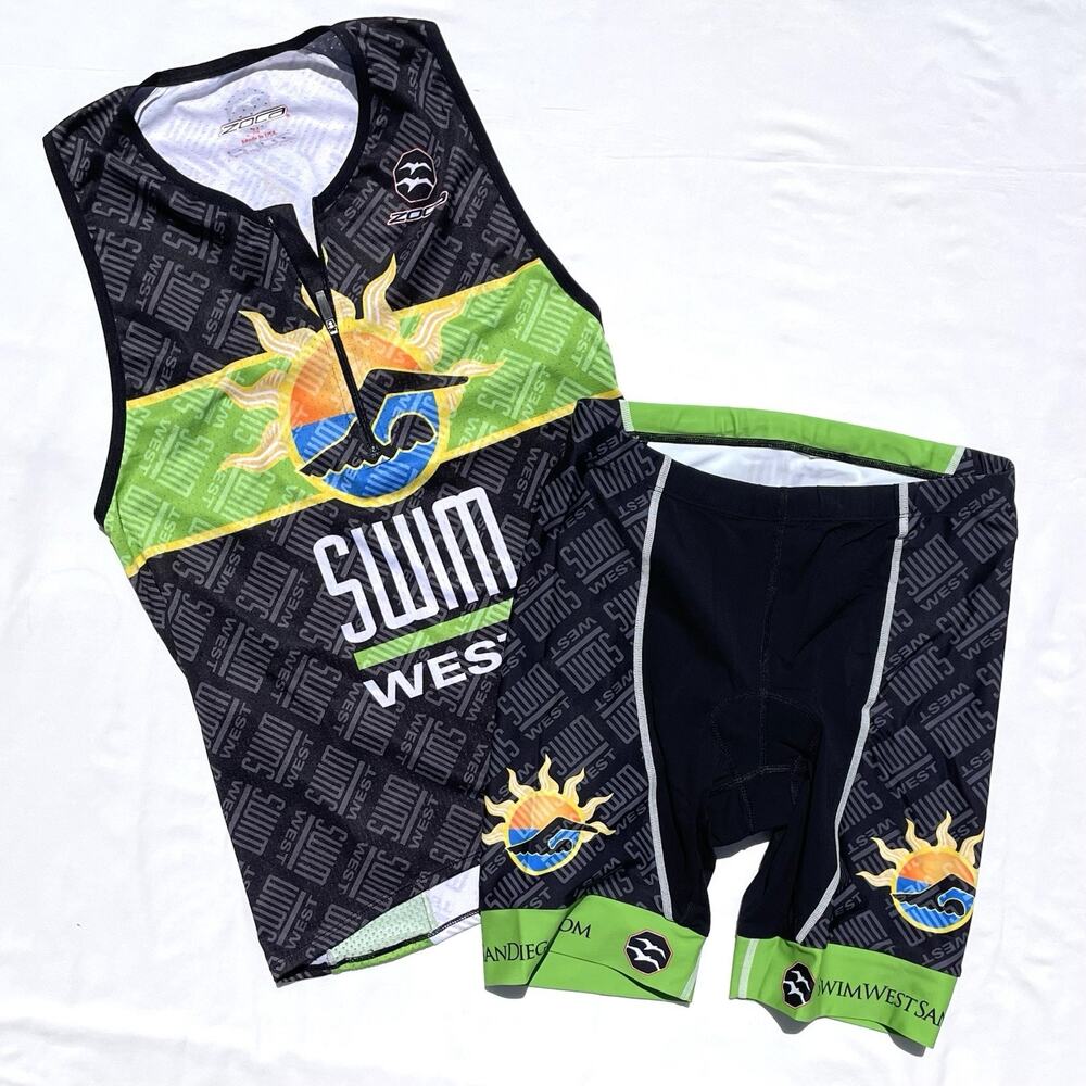 Zoca Swim West Tri Set Womens Medium Triathlon Jersey Tank Shorts Green Black